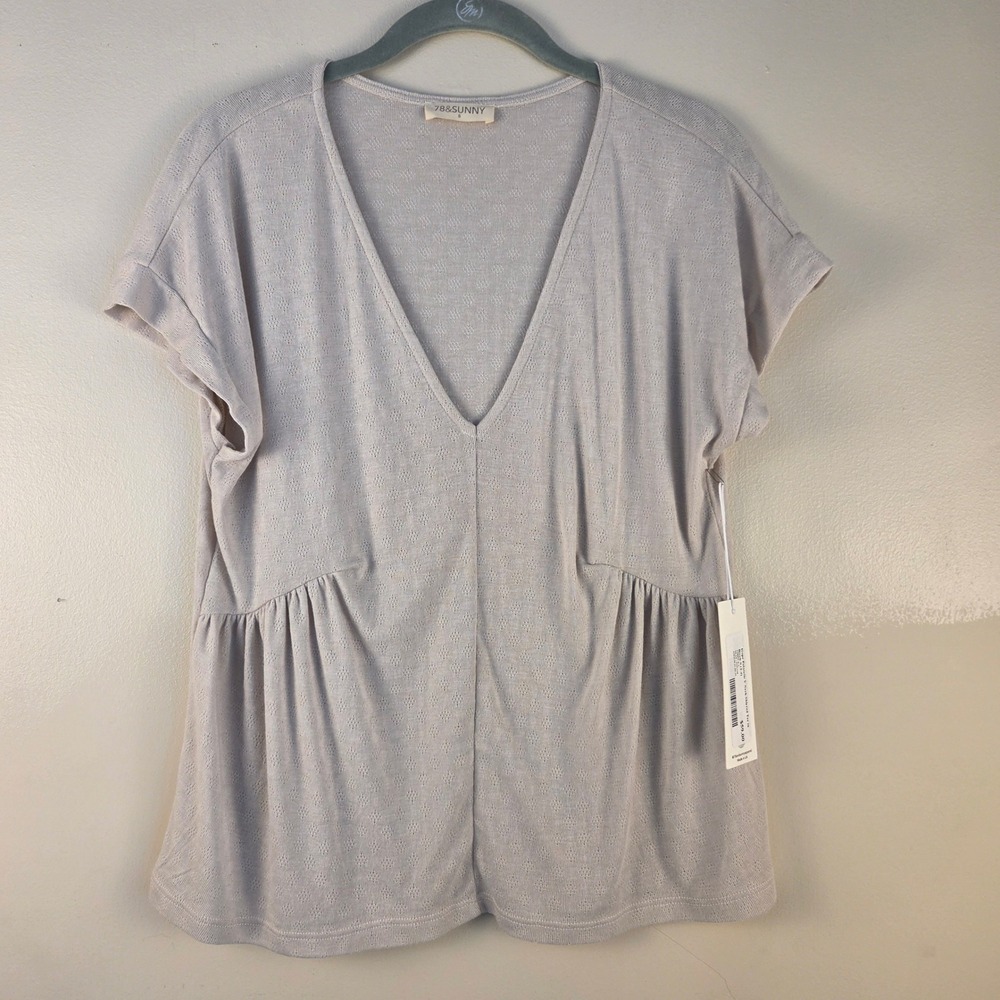 78&Sunny Womens Pointelle Knit V-Neck Peplum Top Beige Small New With Tags